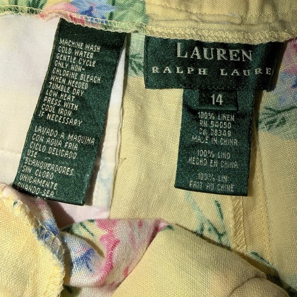 Lauren Ralph Lauren 100% Linen Shorts Floral Yellow Pastel Hi-Waisted Size 14 - Picture 2 of 4